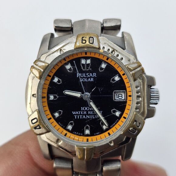 VTG Pulsar Watch Women 32MM Black Dial Date Titanium Bracelet Band 5.5\